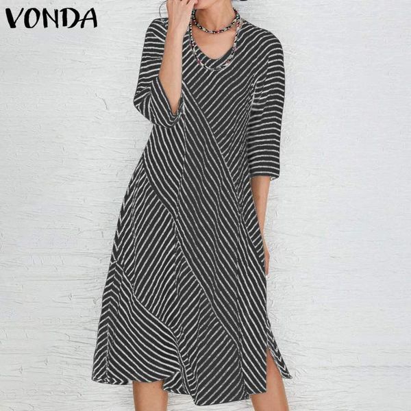 

vonda women robe femme 2020 party dresses cotton split hem knee length dress bohemian vestidos plus size fashion autumn sundress, Black;gray