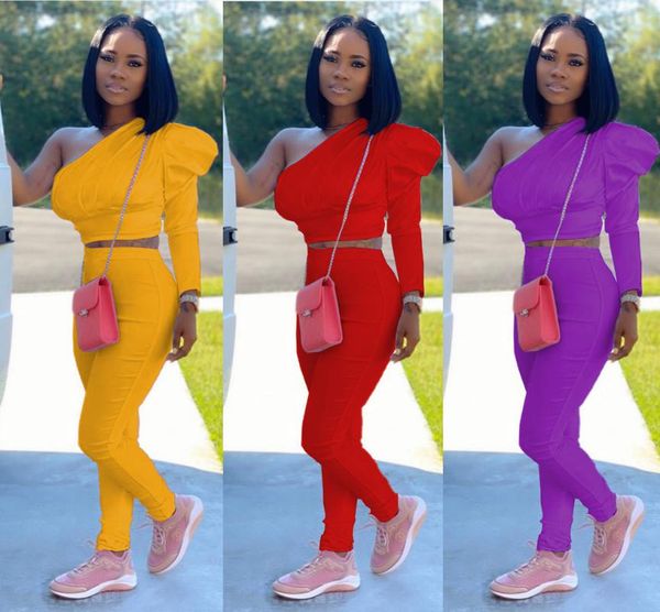 

high street new women solid color sets lady office skew collar full flare sleeve short and long pants two pieces suit, White