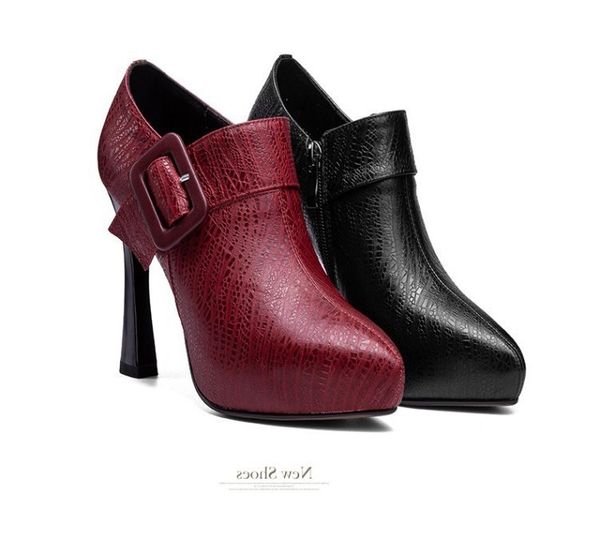 

dress shoes square buckle women's office career platform thick heel 2021 color party banquet waterproof wine red high (5cm-8cm), Black