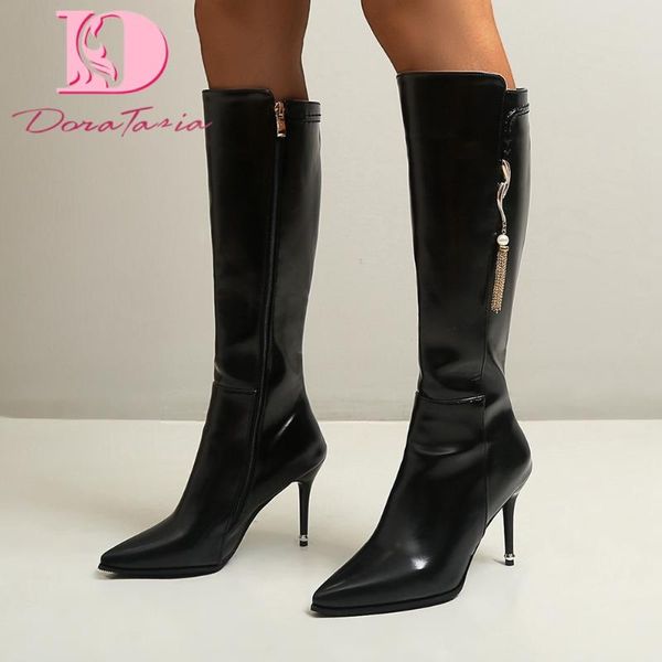 

boots doratasia plus size 34-47 ladies thin high heels knee pointed toe zip women fringe party office shoes woman, Black