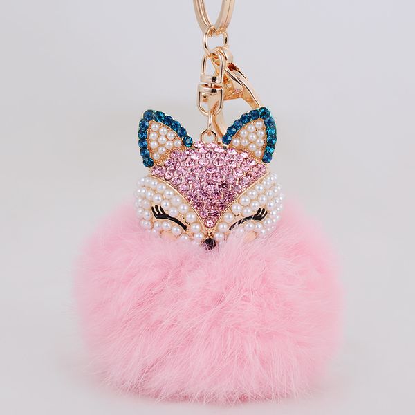 

key chain cute metal crystal rhinestone keychain fur key chain fur pompom key chains pompon keyring high quality, Silver