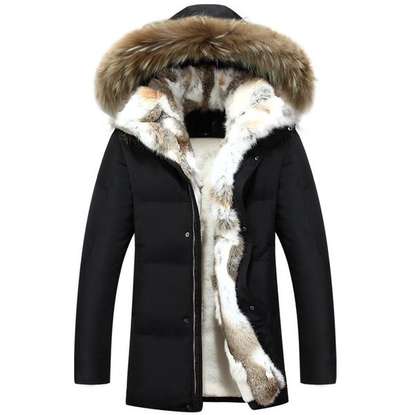 

mens winter jacket cotton coat parkas male long sleeve jacket thickened warm fur collar raccoon fur hooded, Black