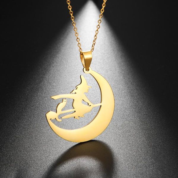 

fishhook magic witch fairy flying broom moon supernatural gold color stainless steel gift for woman pendant necklace jewelry, Silver