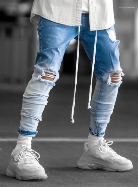 

designer jeans distrressed man pencil pants with drawstring hiphop homme trousers gradient color mens jeans washed mens, Blue