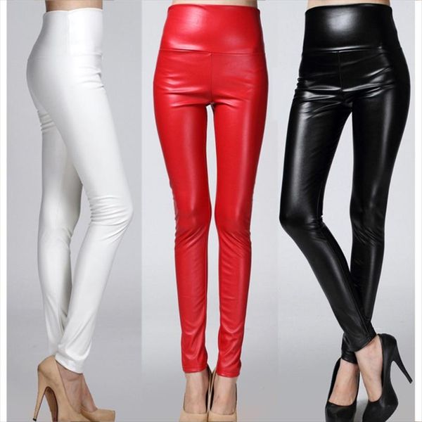 

3color womens high waist faux leather stretchy pencil pants shiny matte leggings skin drop shipping, Black