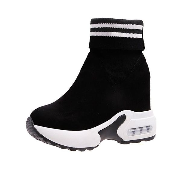 

jaycosin women's boots flock slip-on round toe wedges women's thick soled increasing sports student short boots lady's sock s, Black