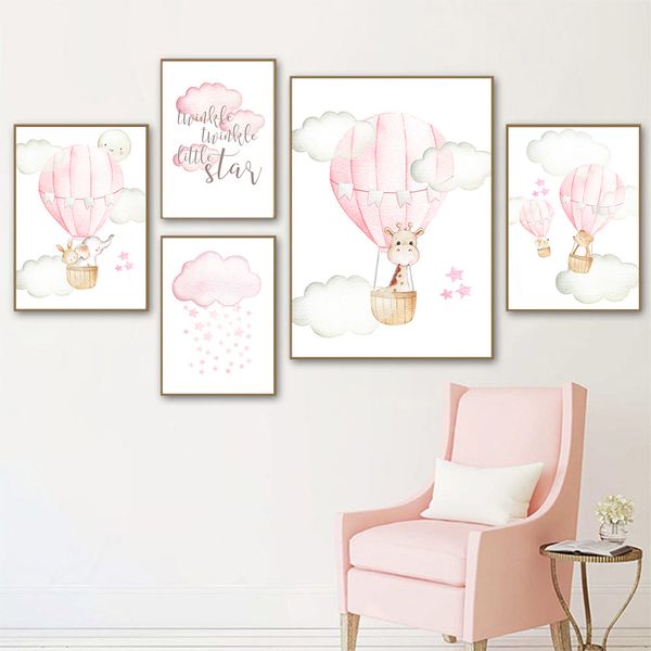 

giraffe elephant balloon poster pink star cloud canvas print nursery wall art painting nordic wall pictures baby girl room decor