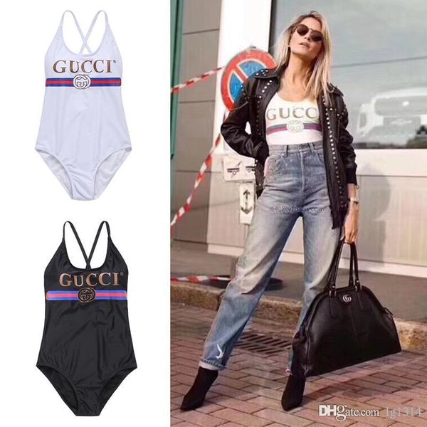 

2018 branded women g one-piece swimsuit fashion designer girl v-shaped neckline beachwear high waist bikini bandage g swimwear, White;black
