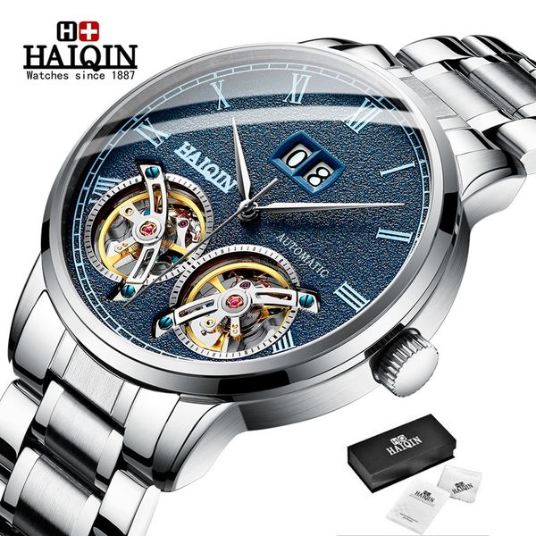 

haiqin men's watches business fashion wristwatch mens mechanical watch man sport steel clock reloj hombres 2020, Slivery;brown