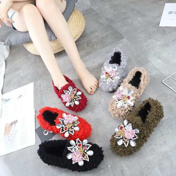 

womens round toe curly fur furry rhinestones crystal 3d flower decor loafers slip on flats shoes 7colors new 2020, Black