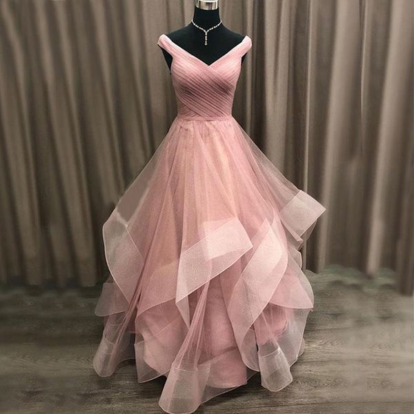 Blush Pink Abiti da sera lunghi da ballo Pieghe incrociate Top Spalline Scollo a V Ruffles Gonne Abito da ballo per ragazza Vestido Long