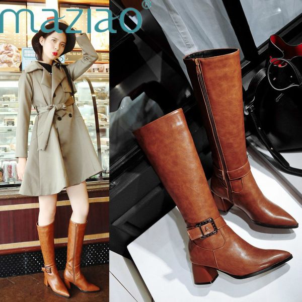 

women knee high boots hoof heels high heel fashion motorcycle boots zip pointed toe winter ladies shoes black yellow maziao
