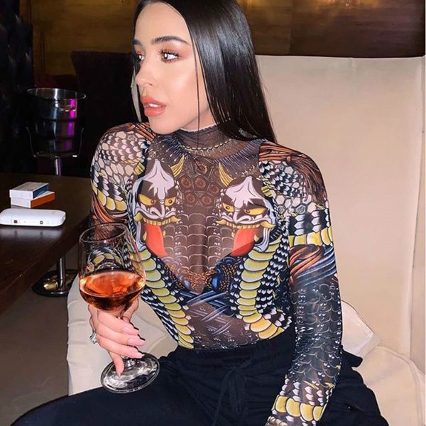 

septhydrogen марка дизайнер гротеск девочка mesh печать bodysuit женщин лето элегантный клуб party полный рукав street casual комбинезон, Black;white