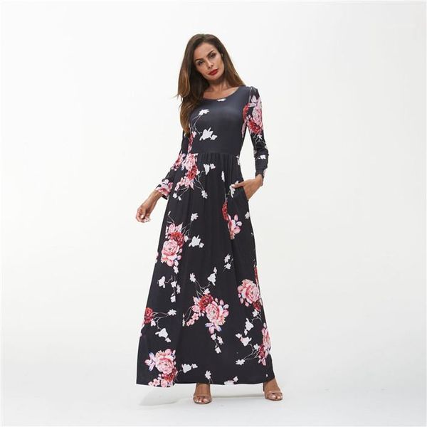 

bohemia floral dress long sleeve crew neck spring autumn dresses ladies casual clothes womens, Black;gray