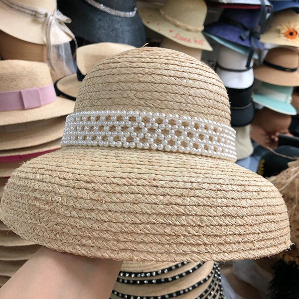 

fashion pearl summer raffia straw hat women flat beach hat sun lady sun block uv protection panama chapeu feminino, Blue;gray