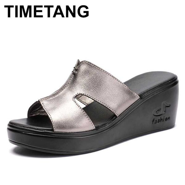 

timetang women slippers new ladies summer slippers shoes women wedges heels fashion summer genuine leather platform shoes, Black