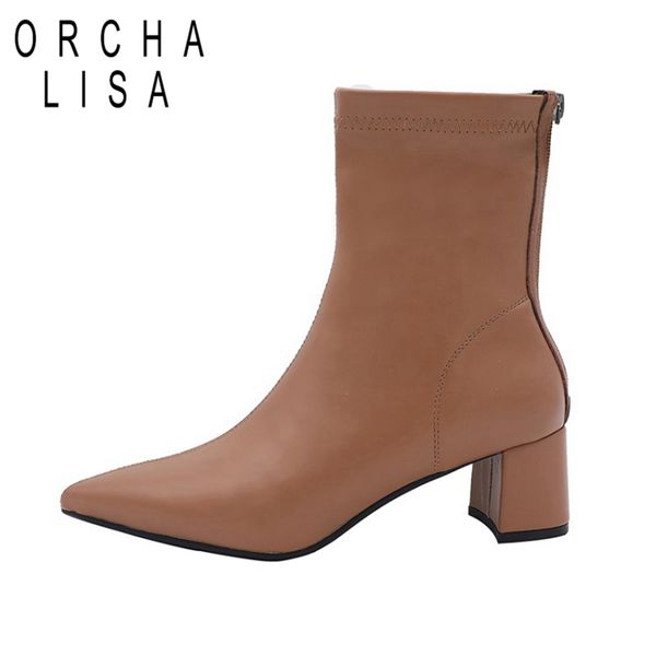 

orcha lisa autumn full grain leather mid-calf boots pointed toe 5cm chunky heels back zipper big size 34-42brown work c1983, Black