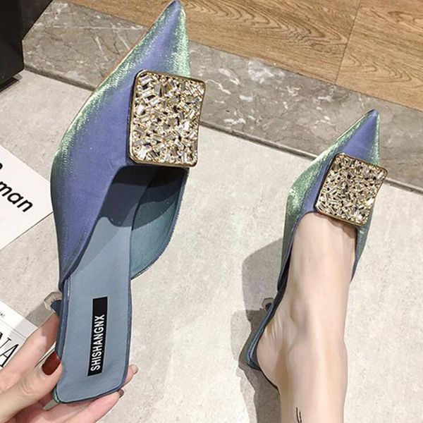 

slippers slides high heels women shoes woman cover toe slippers 2020 summer new pointed fashion metal buckle high-heeled d240, Black
