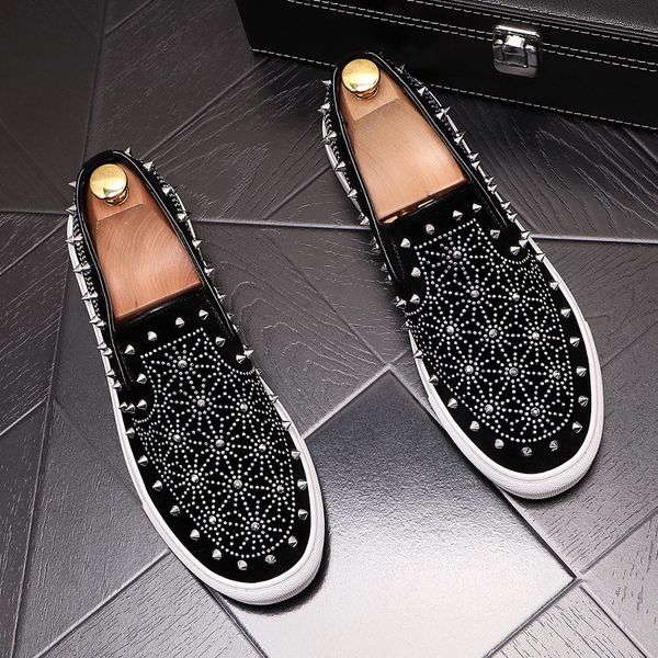 

errfc designer men black loafer shoes fashion round toe slip on rivets charm suede party shoes british chaussure homme 38-43