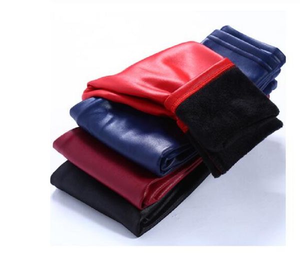 

winter girls leather pants thick velvet pu leather children's leggings kids pencil pants infant warm trousers slim pant casual, Blue