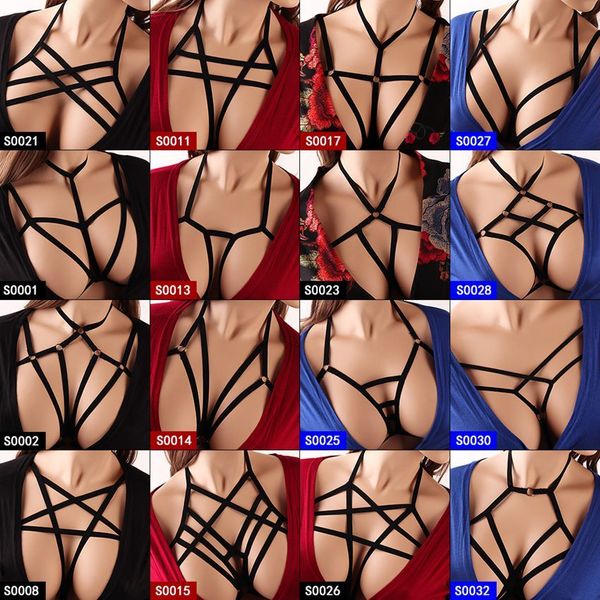 

women strappy harness bra crop body cage pentagram black lingerie harajuku punk plus size breast belt night clubs rave, Black;white
