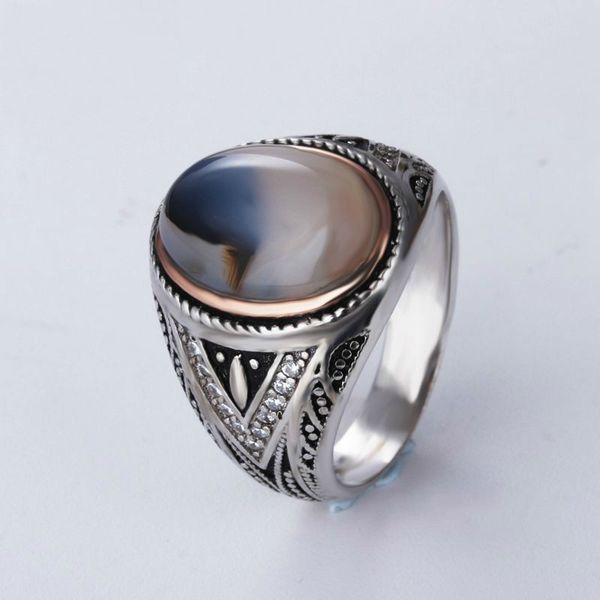 

natural pattern agate 925 sterling silver man's ring european and american fashion ring