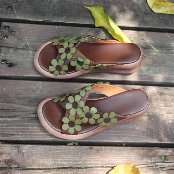 

handmade retro leather flowers slippers open toe platform sandals coffee/red, Black