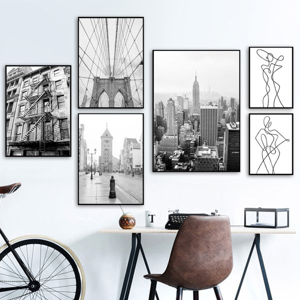

new york city bridge abstract line girl wall art canvas painting nordic posters and prints wall pictures for living room decor