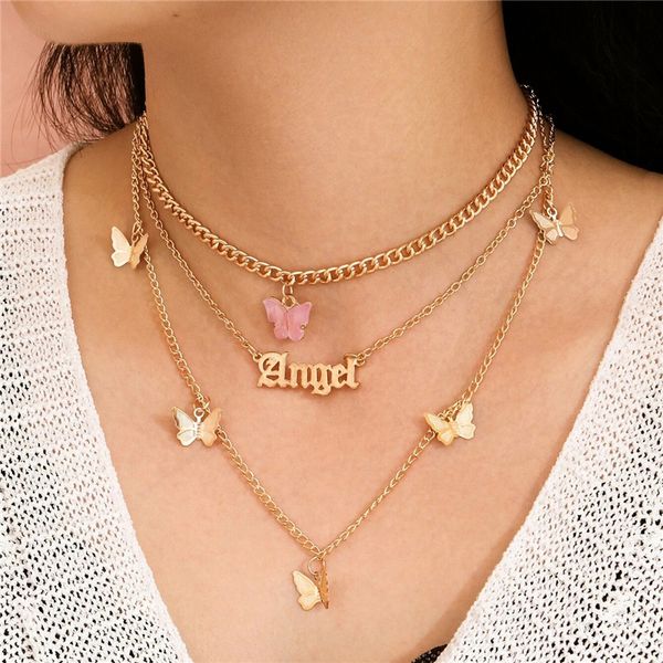 

juran new butterfly choker necklace for women three layers letters pendants necklaces 2020 chain chokers bohemian jewelry gifts, Silver