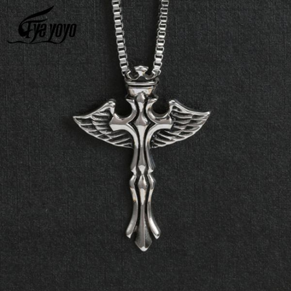 

eyeyoyo retro cross pendant men's necklace stainless steel box chain jewelry om wing cross punk pendant ncklace for men, Silver
