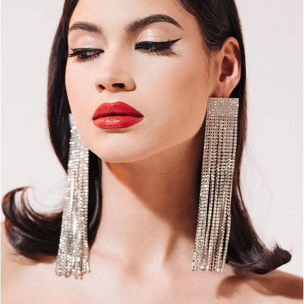 

new brand 2colors luxury shiny rhinestone long chain dangle earrings women girls fashion statement dangle tassel earrings, Silver