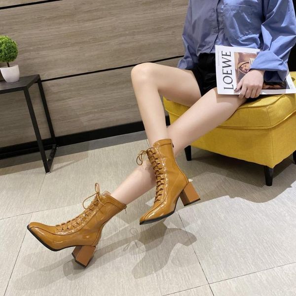 

2020 spring and autumn new elastic boots women wild square toe thick heel zipper short boots lace high heel women's x392, Black