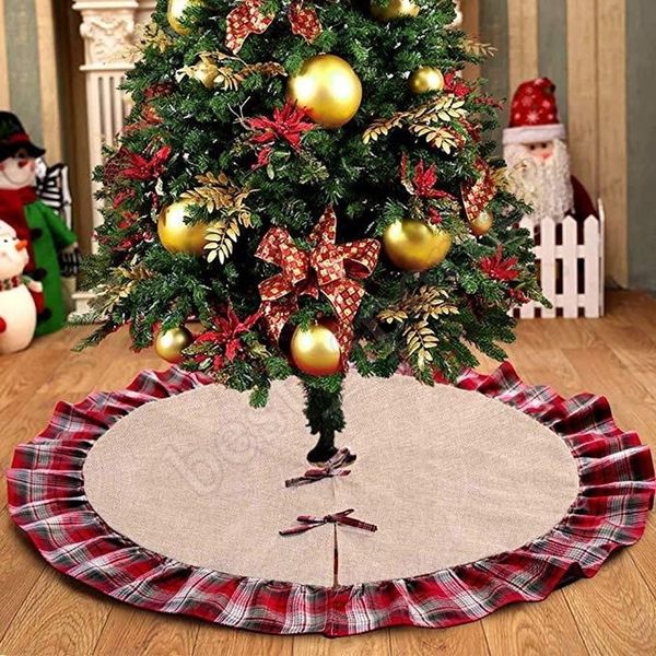 

dhl christmas tree skirts bowknot patchwork decoraciones de navidad home pad red lattices linen ornament festival christmas decorations
