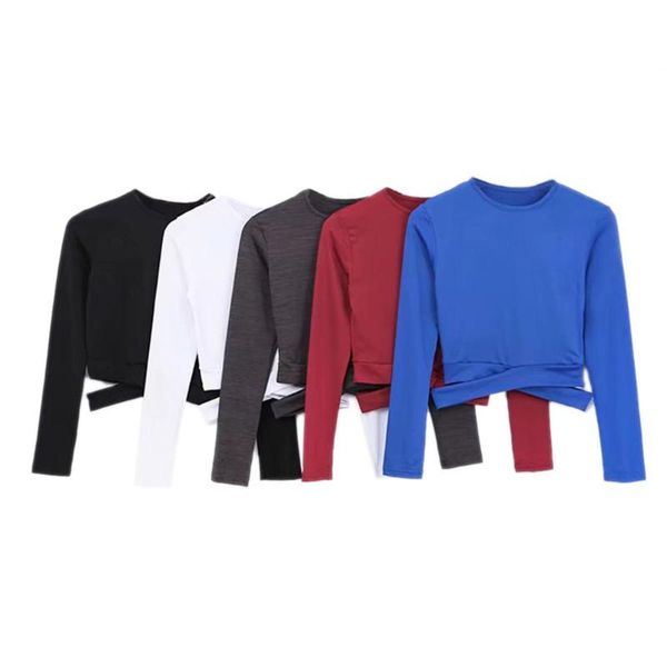 

women fitness sports yoga t-shirt running gym bodysuit high waist round neck long sleeve tight cross hollow sports shirt, White;red