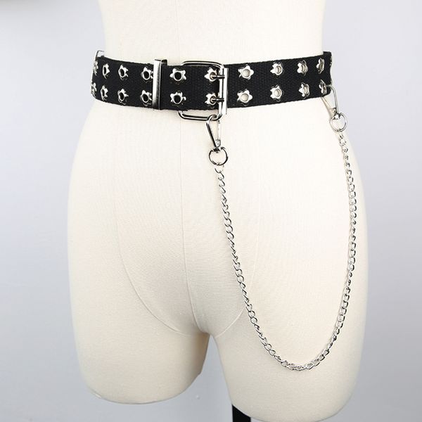

punk hip hop men women belts canvas with chain waist strap metal eyelets jeans trousers casual black ladies female waistband, Black;brown
