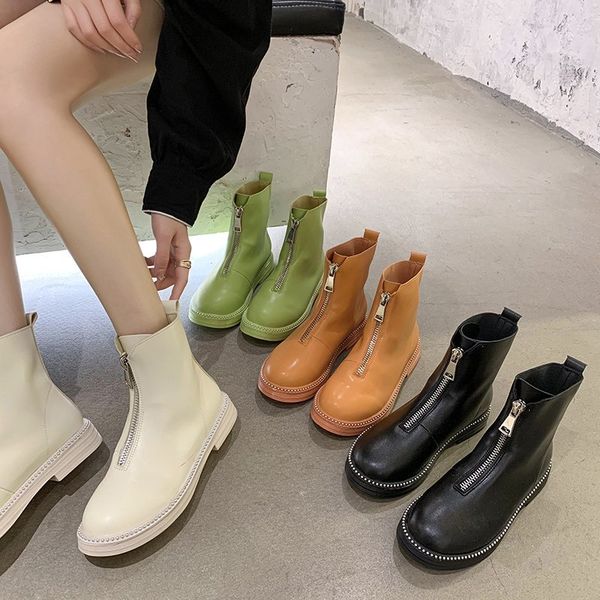 

flat heel women's boots autumn low heels booties zipper shoes boots-women luxury designer round toe booties ladies, Black
