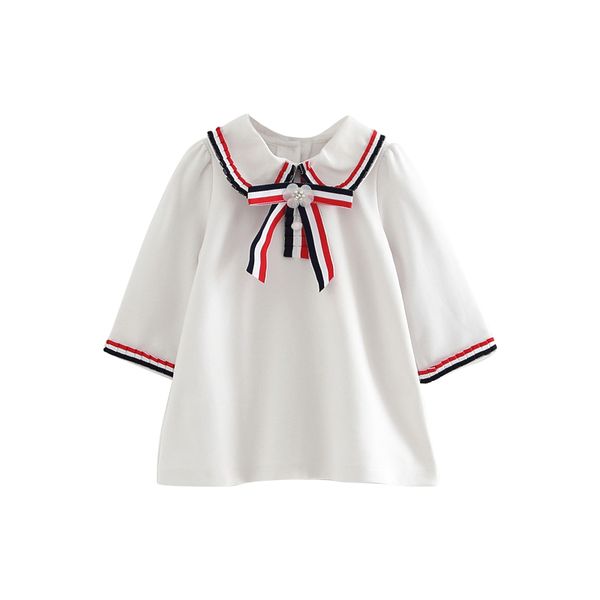 

kids white dress girl navy style preppy style children's spring and autumn flowered skirt baby long sleeve skirt no pilling, Red;yellow