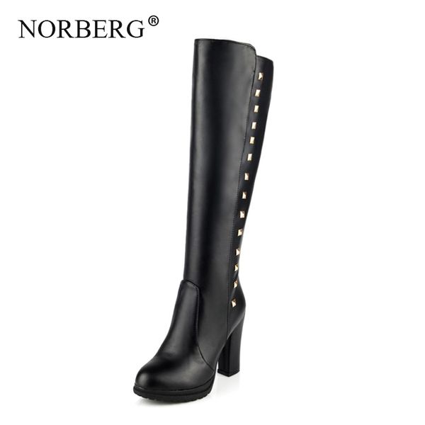 

autumn and winter fashion platform woman shoes high heels knee high boots metal side zip with fashion rivet boots, Black