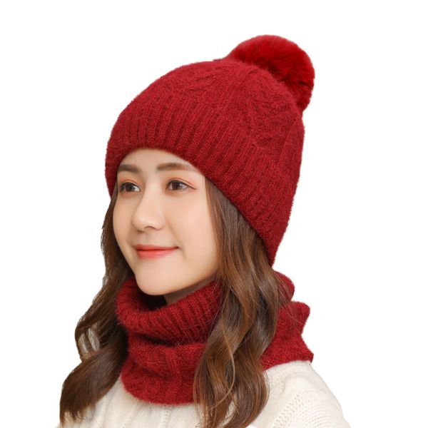 

women hats with warm wool scarf inside pompom beanie girls winter cap skullies for women fur hat female knitted caps, Blue;gray