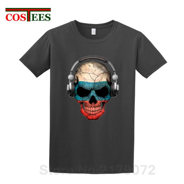 

comic dark skull deejay with russian flag t shirt men funny dj skeleton t-shirt for male hip hop streetwear tshirt harajuku tees