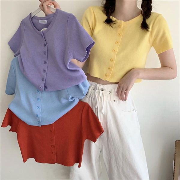 

women's t-shirt korean style knitted short sleeve shirt women fashion o neck harajuku slim single-breasted casual crop ropa mujer, White