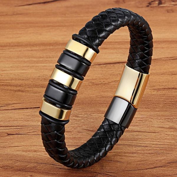 

xqni cool punk black gold stainless steel magnetic button design genuine leather bracelet for men fashion bangles male gift, Golden;silver