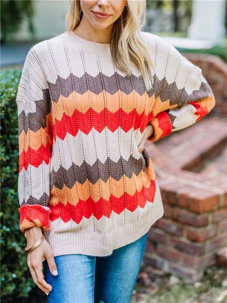 

womens designer wave striped patchwork sweater o-neck fashion autumn winter loose clothing womens casual knitted sweater, White;black