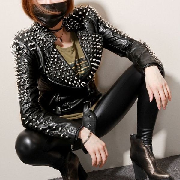 

new womens punk spike studded shoulder pu leather jacket coat motorcycle, Black;brown