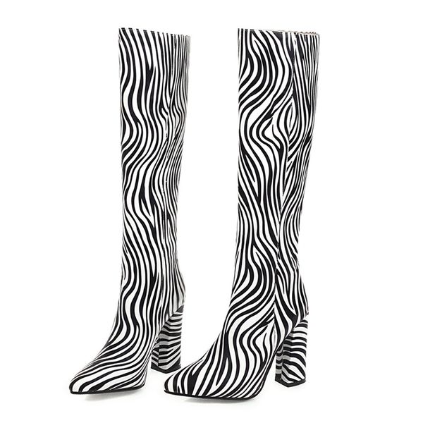 

classic print western cowboy boots for women knee high western boots pointed toe high heel shoes woman spring autumn basic, Black