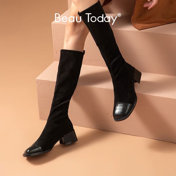 

beautoday long boots women stretch fabric alligator pattern square toe calfskin winter ladies knee high shoes handmade 01419, Black