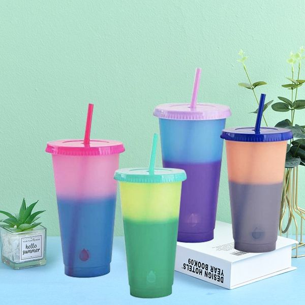 

color changing cup with lid reusable fashion tumbler clear plastic pp material coffee mug water straw temperature sensing household 5 5hb b2