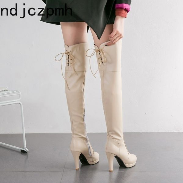

women's boots the new fashion winter round head lace-up high heel women's over the knee boots plus size 32-43 heel height 10cm, Black