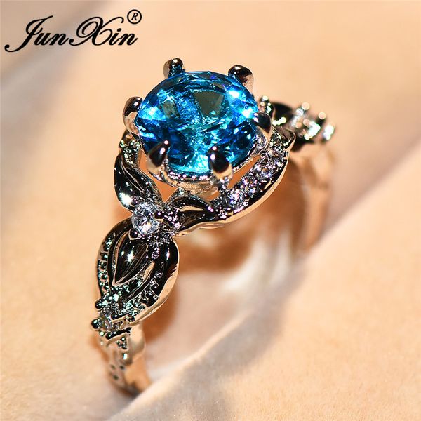 

junxin vintage flower leaf engagement ring ocean blue zircon stone wedding rings for women luxury white gold filled jewelry, Golden;silver