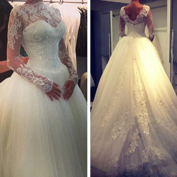 

Luxury High Neck Sheer Lace Long Sleeves Wedding Dresses Backless A-Line Tulle Applique Beaded Court Train Bridal Gowns Custom Made